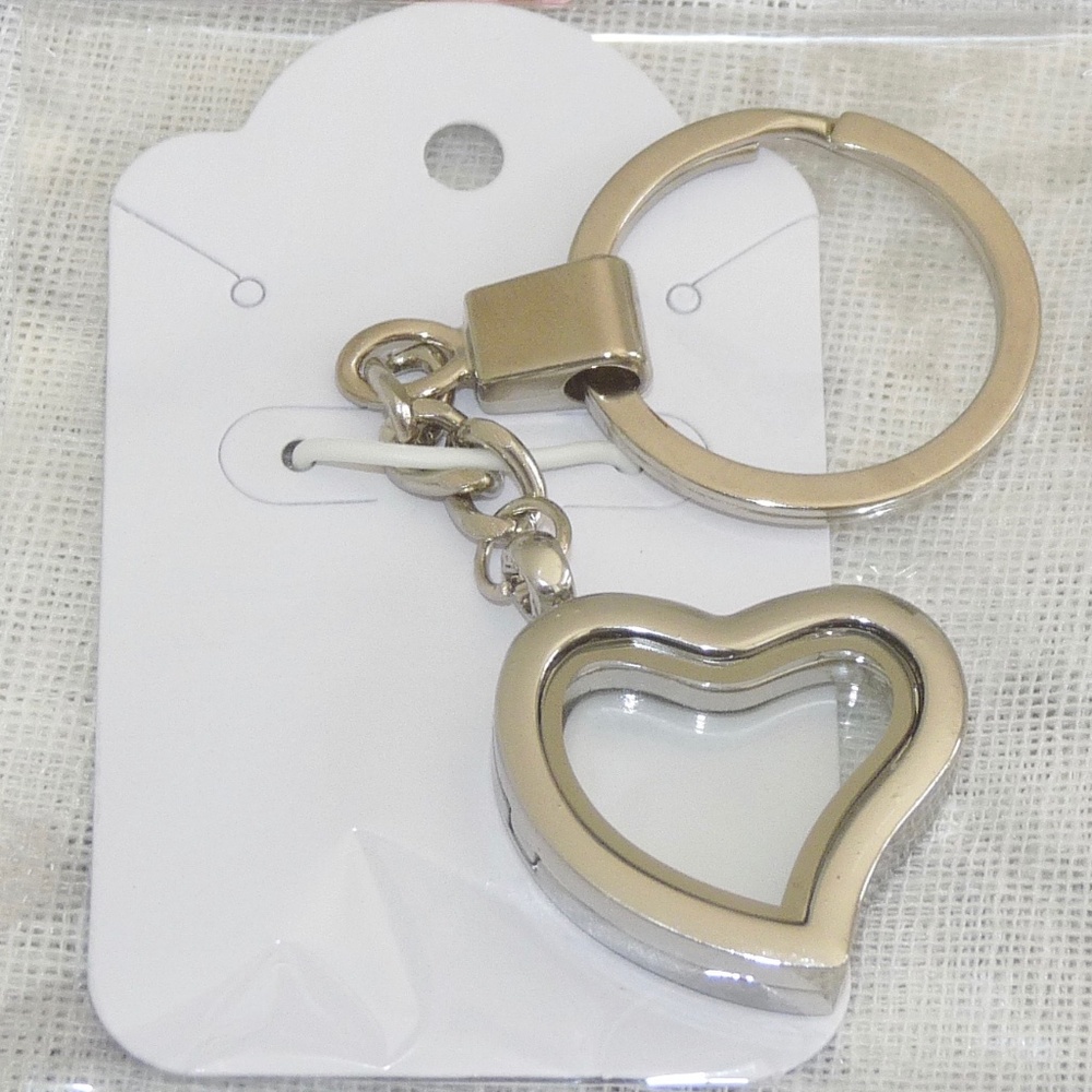 FL Silver Slant Heart Floating Charm Locket Jewelry KEYCHAIN no rhinestones